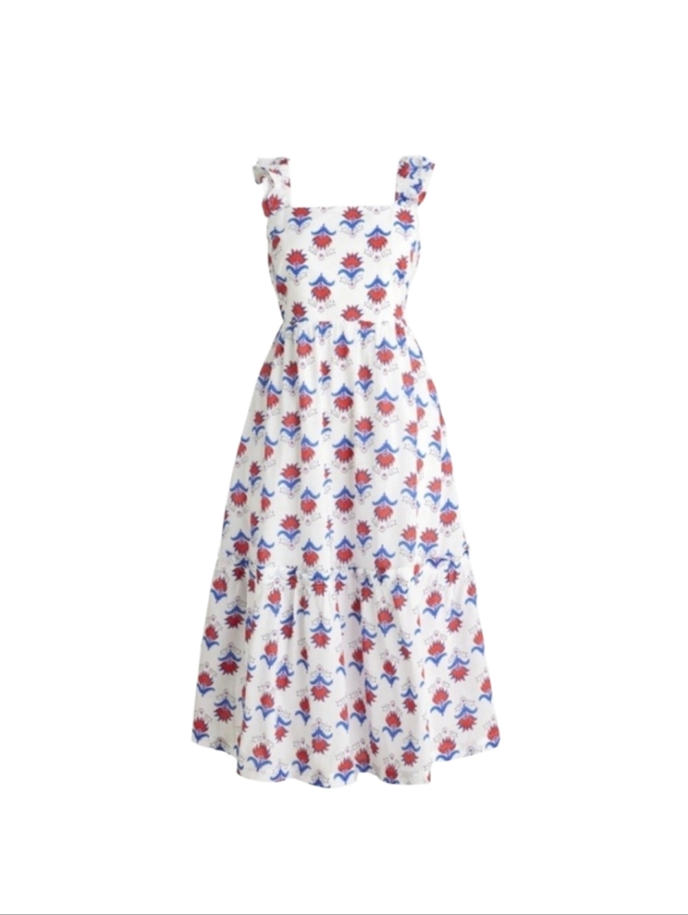 J.Crew Factory Blue White Red Coastal Grandma Floral Tiered Midi Cotton Size XS - Picture 3 of 15